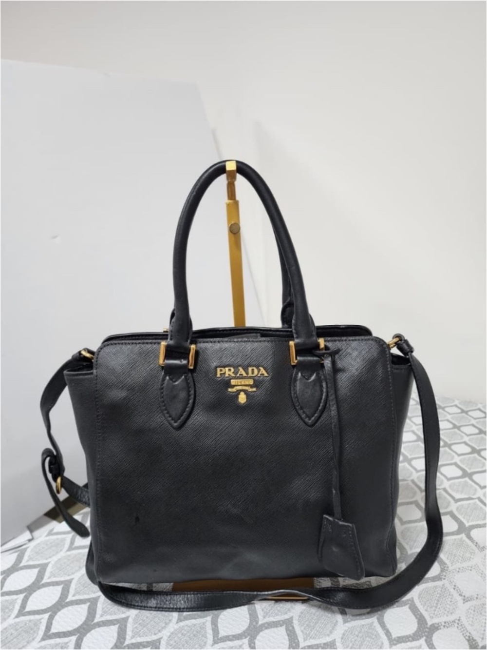 Authentic PRADA Baltico Saffiano And Soft Calfskin Leather Small Satchel Bag Bla
